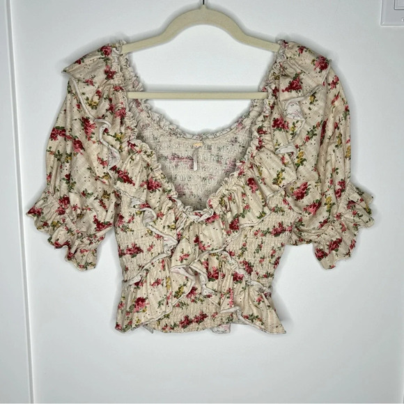 Free People Favorite Girl Floral Ruffle Top Blouse Size M Boho Cottage Prairie - Picture 3 of 7
